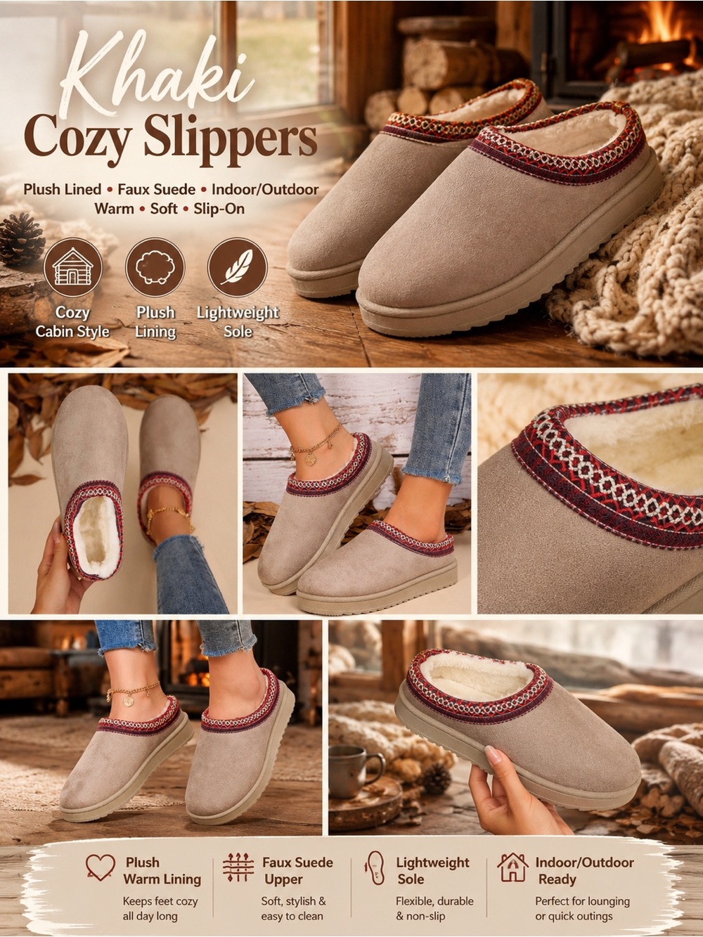 Khaki Plush-Lined Faux Suede Slip-On Slippers